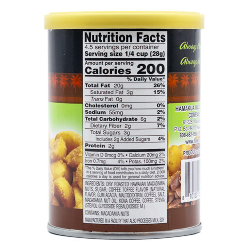 Kona Coffee Mac Nuts Nutritional Label (4.5oz)