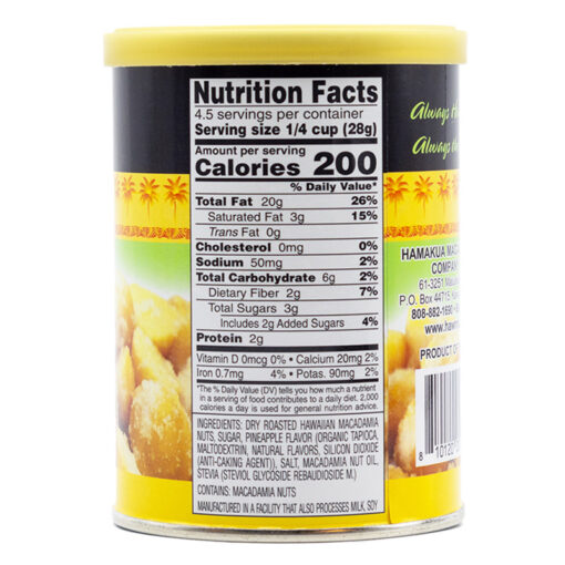 Pineapple Mac Nuts Nutritional Label (4.5oz)