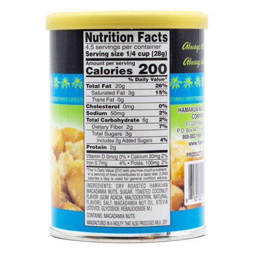 Toasted Coconut Mac Nuts Nutritional Label (4.5oz)