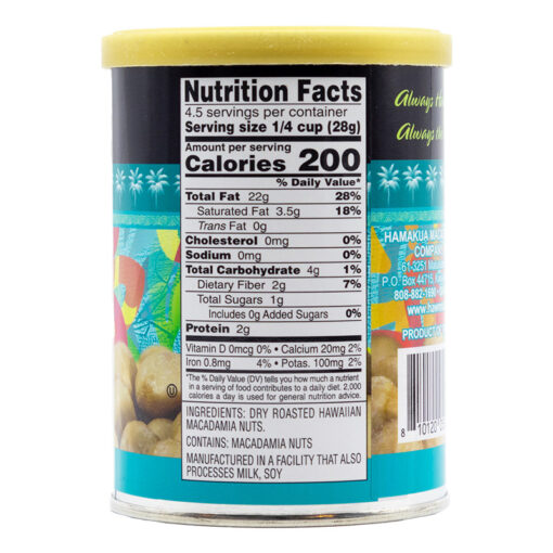 Unsalted Mac Nuts Nutritional Label (4.5oz)