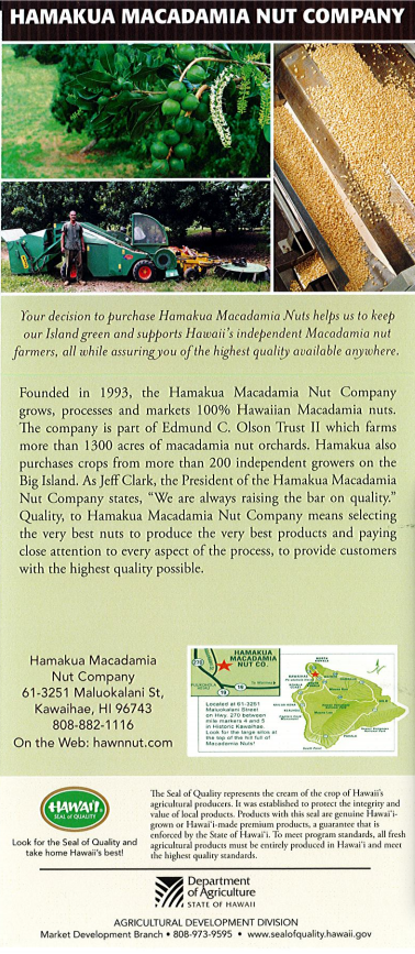Seal Of Quality Card, Hamakua Macadamia Nut Company