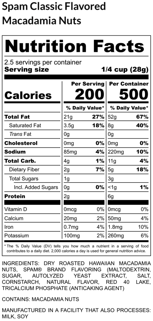 2.5 oz Spam Classic Flavored Macadamia Nuts Nutrition Label 1