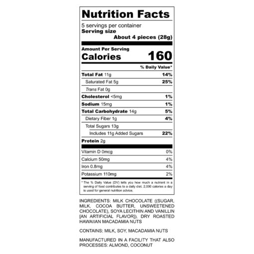 Milk Chocolate Mac Nuts Nutritional Label (5oz)